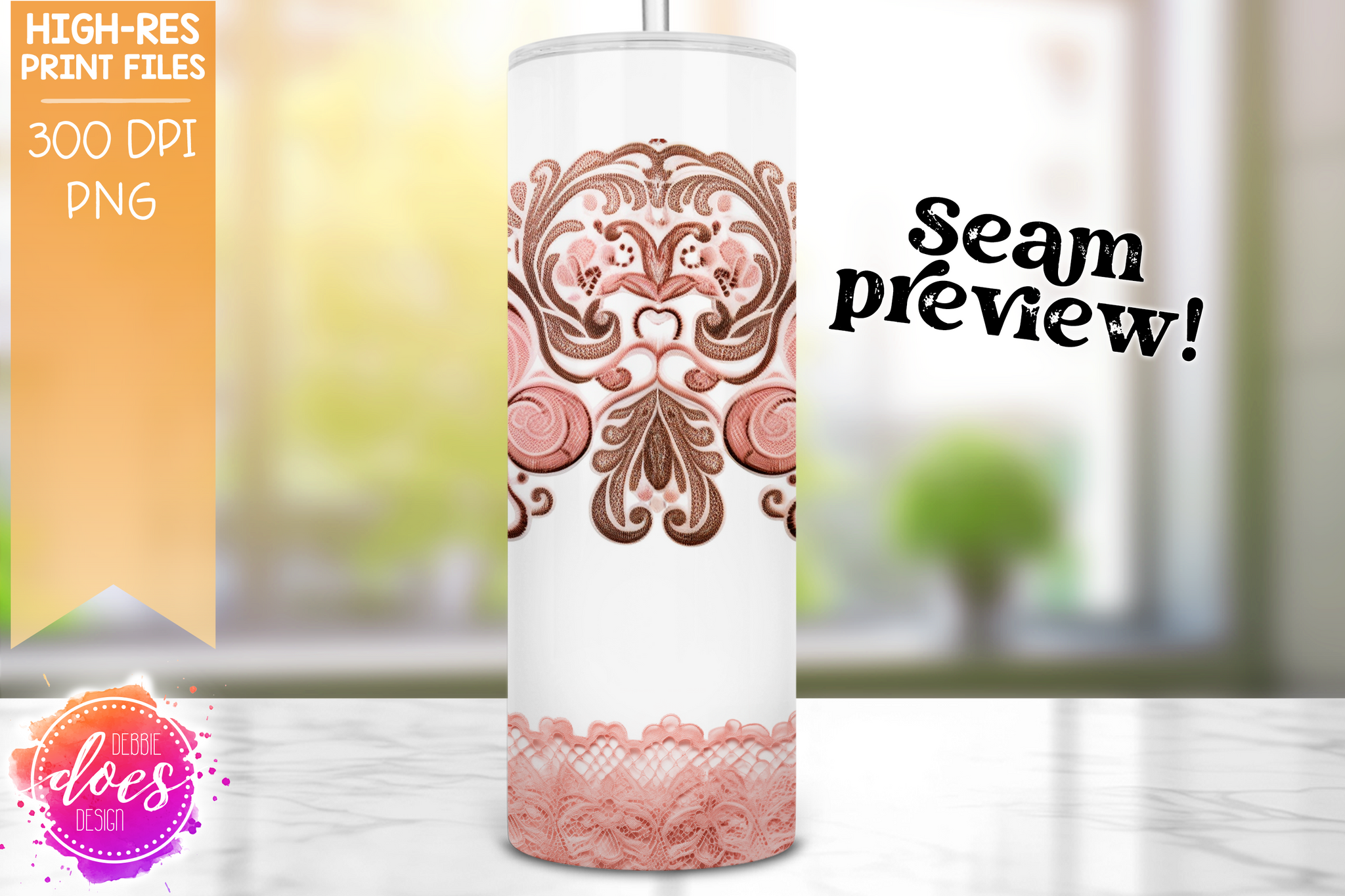 3D Soft Pink Tan Floral Lace - Tumbler - Seamless - Printable