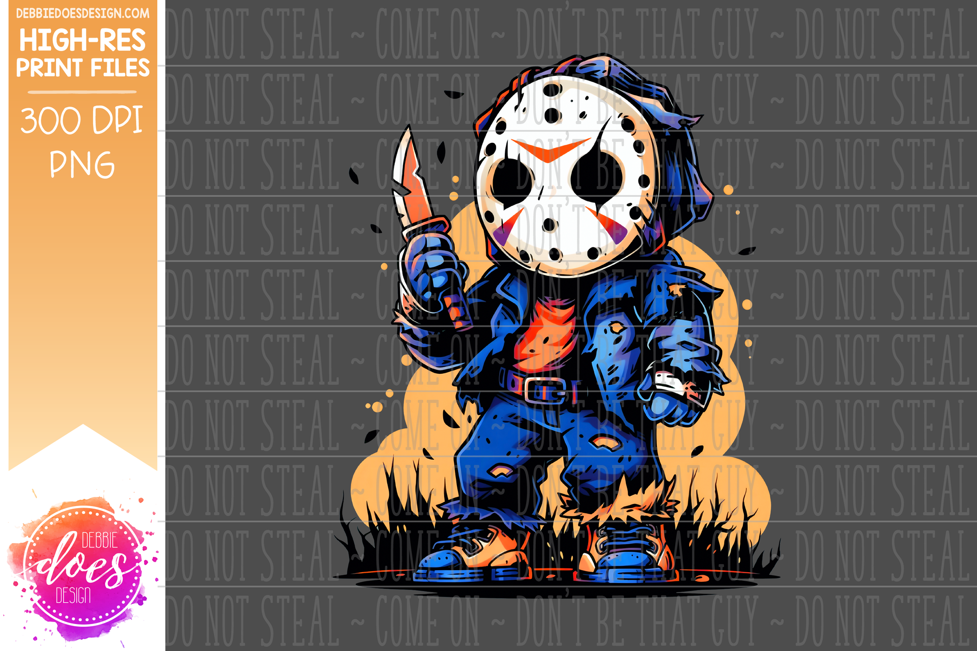 Scary Hockey Mask Guy Blue Orange Printable/Sublimation Design