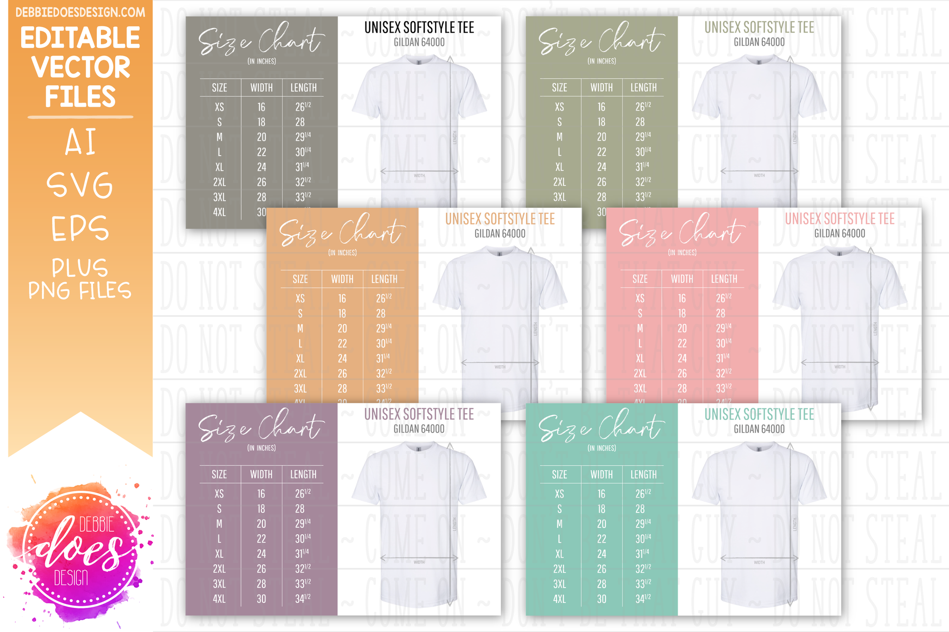 Gildan Softstyle 64000 - Editable Size Chart + 6 Colored PNG Files ...
