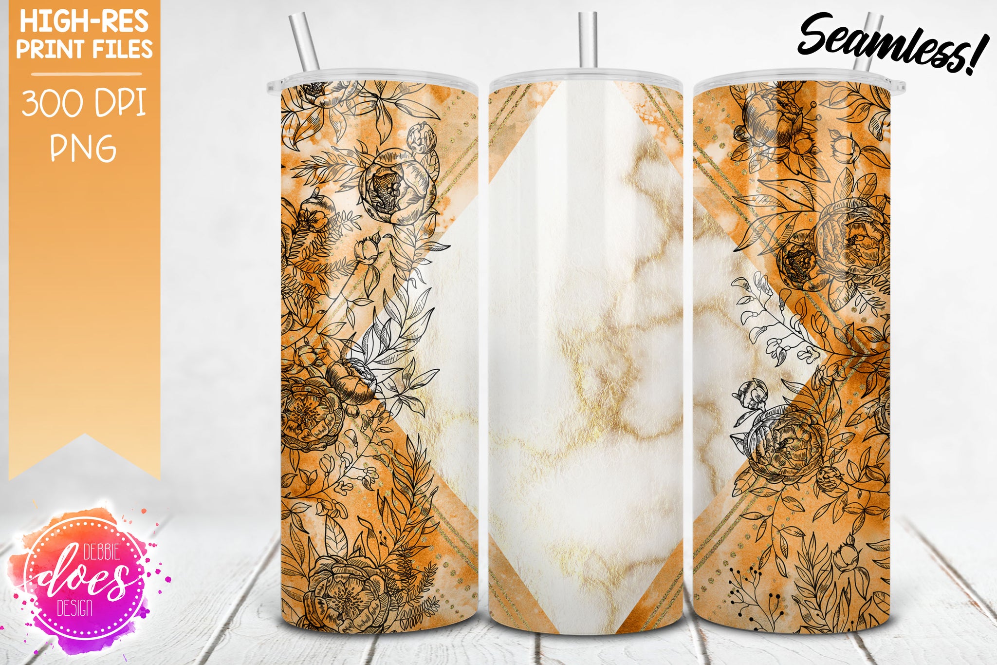 3D Pink and Gold Flowers Tumbler Wrap Sublimation PNG