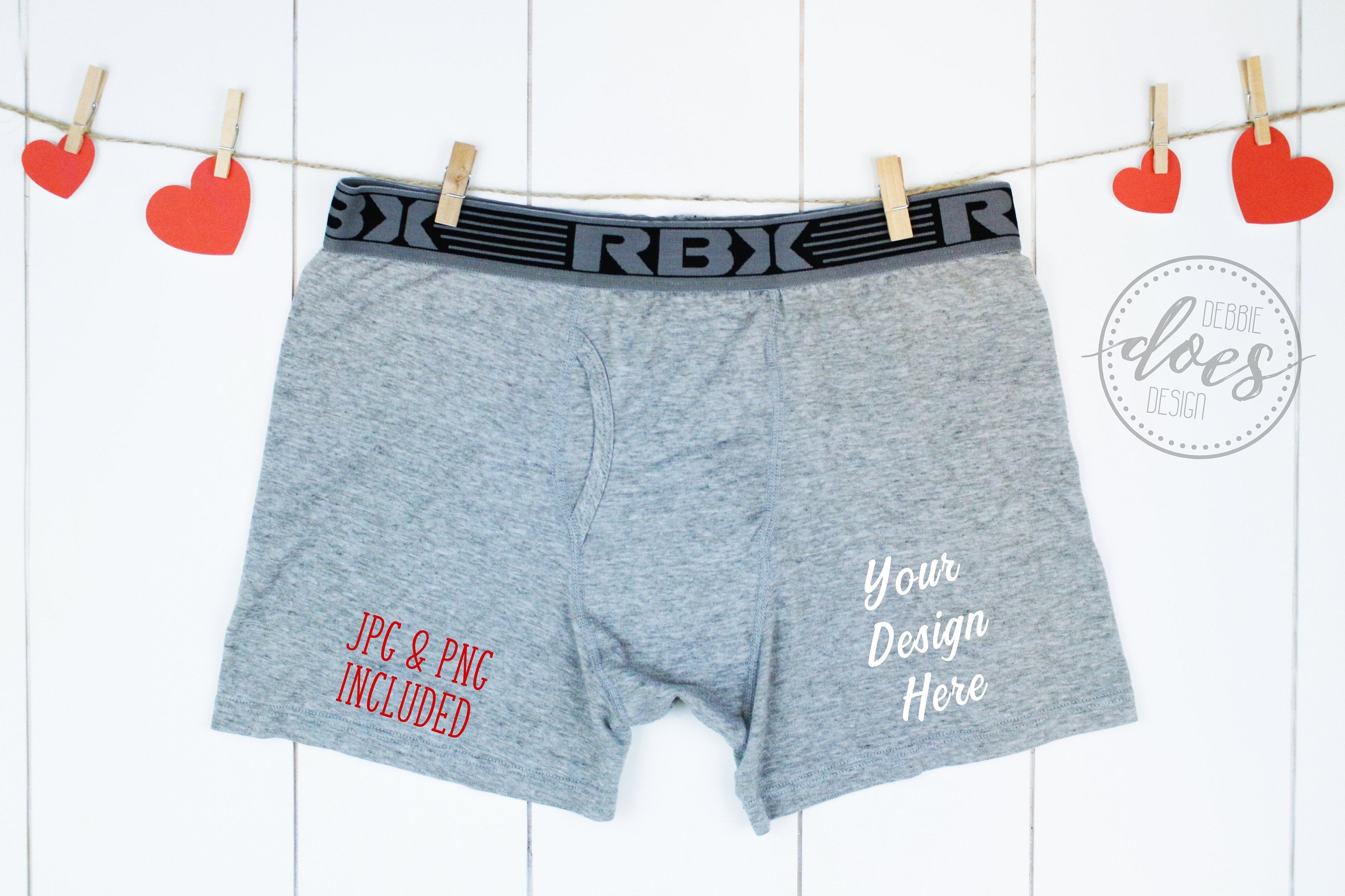 Grey Boxer Briefs Mockup on Clothesline with Hearts– Debbie Does Design