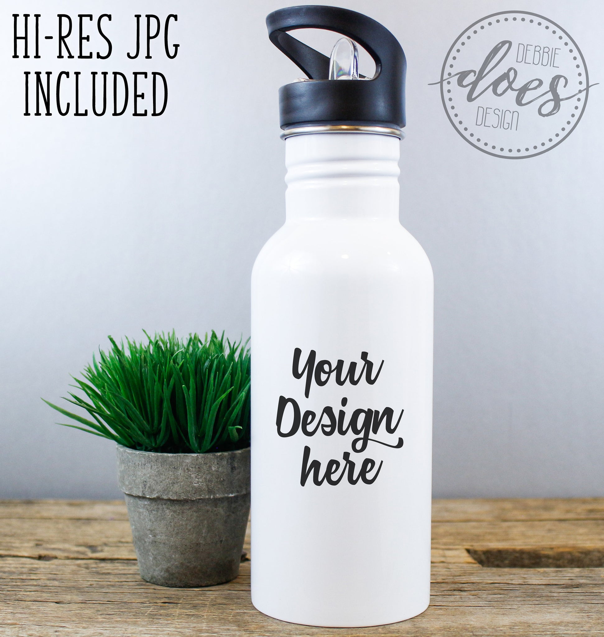 White Sublimation Water Bottle with Straw Mockup 2– Debbie Does Design