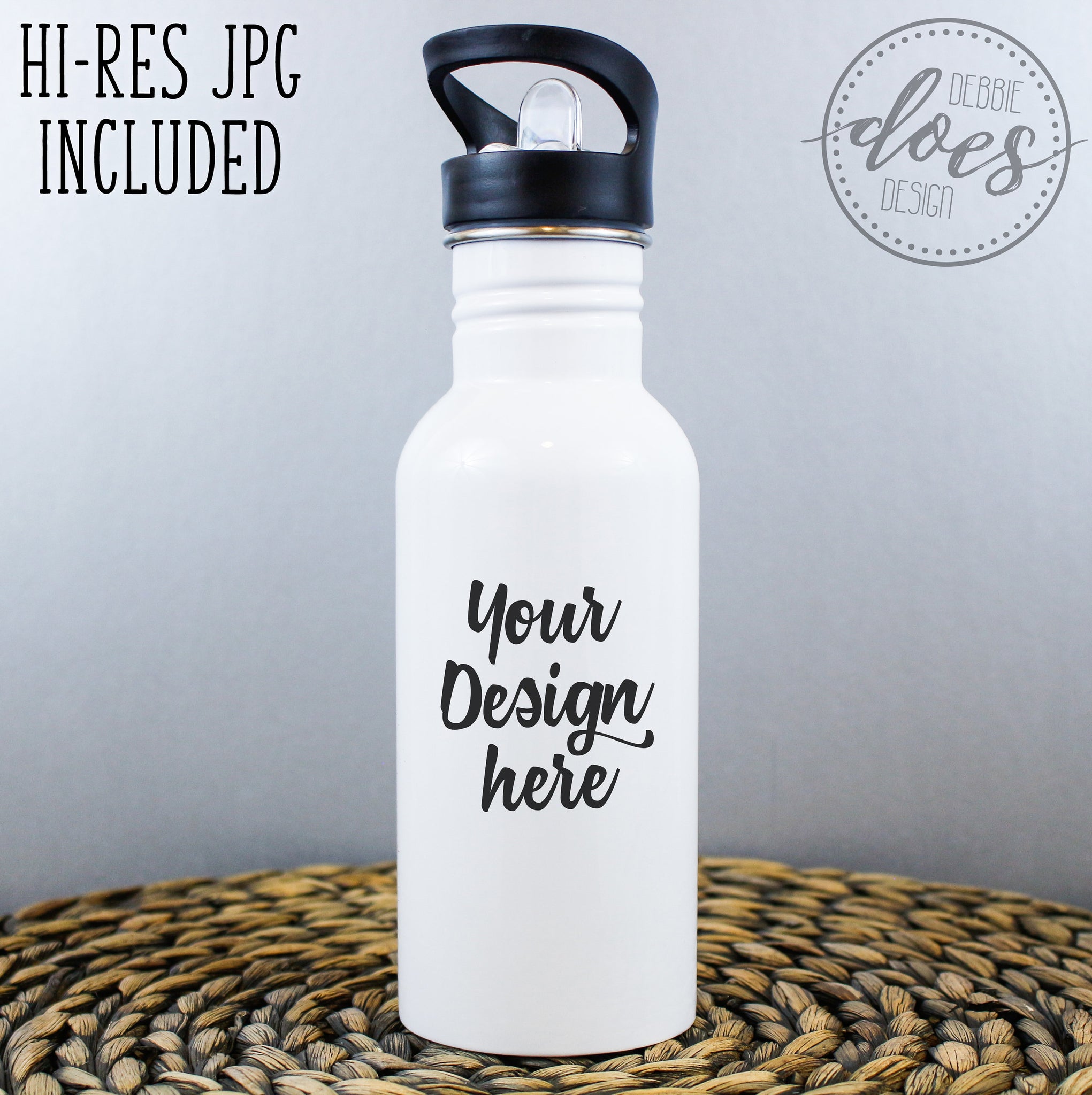 White Sublimation Water Bottle with Straw Mockup 4– Debbie Does Design