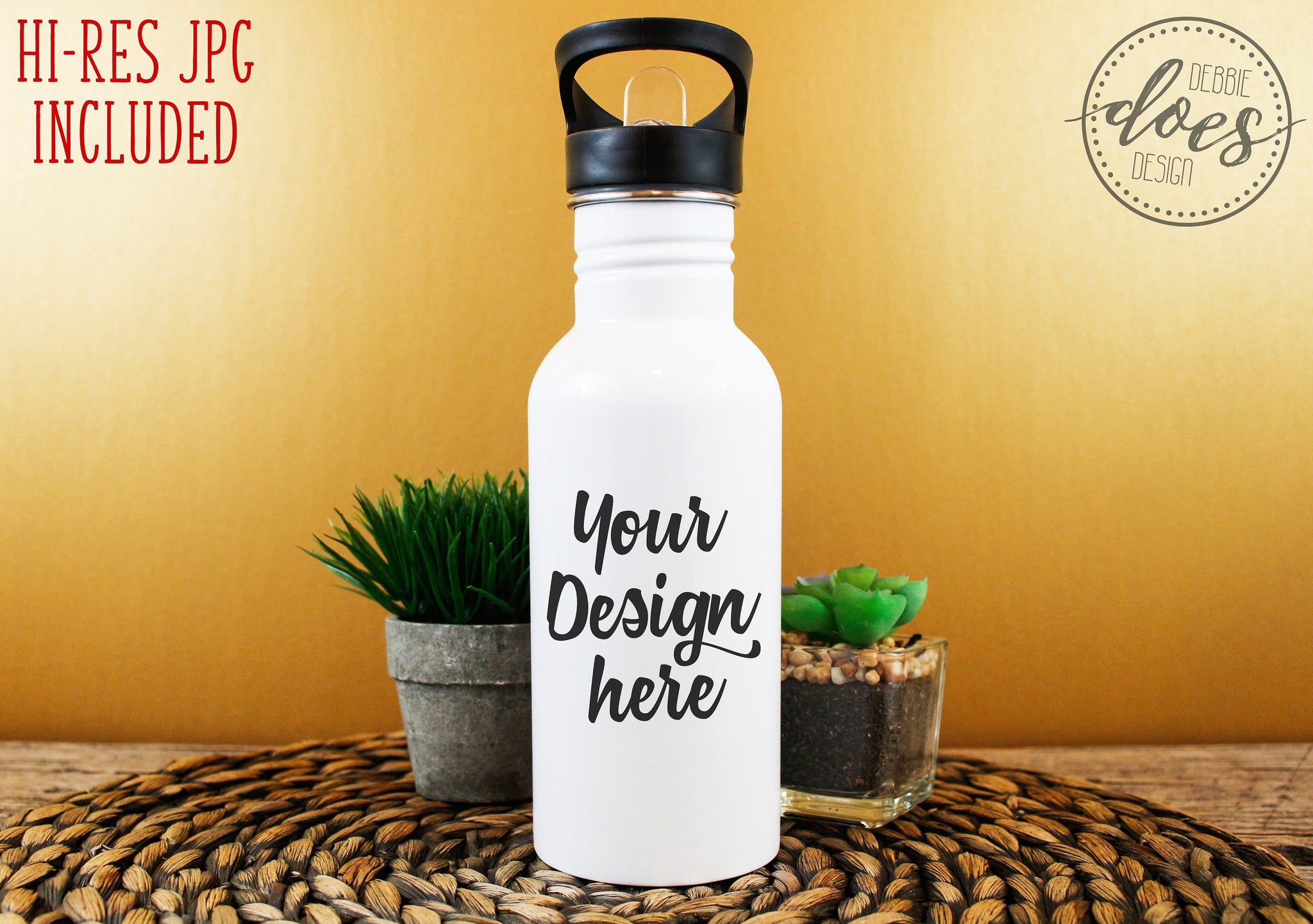 White Sublimation Water Bottle with Straw Mockup 2– Debbie Does Design
